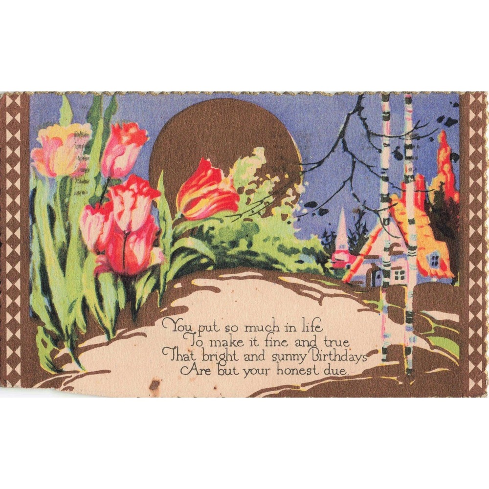 Vintage Birthday Postcard 1932 Tulips Moon Cottage Scalloped Divided Back